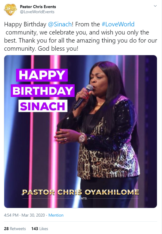 Sinach birthday loveworld pastor chris